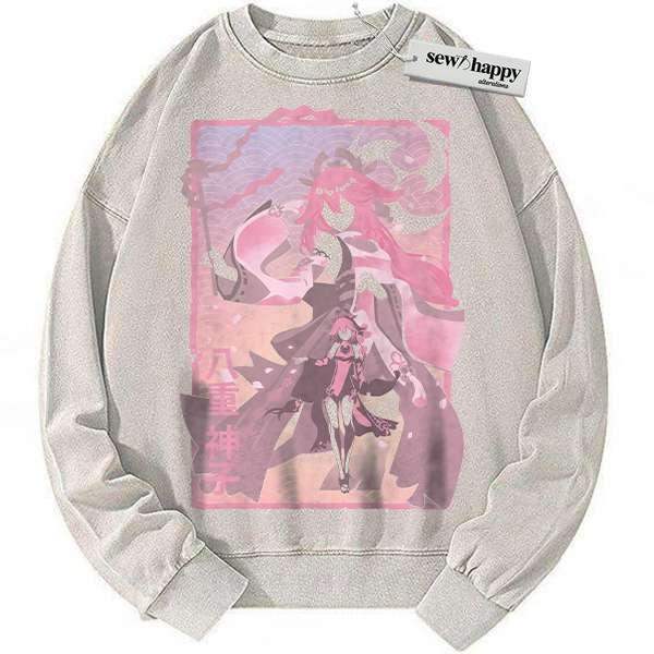 Wash Sweatshirt Yae Miko Sweatshirt, Genshin Impact Sweatshirt, Game Sweatshirt, Vintage Sweatshirt
