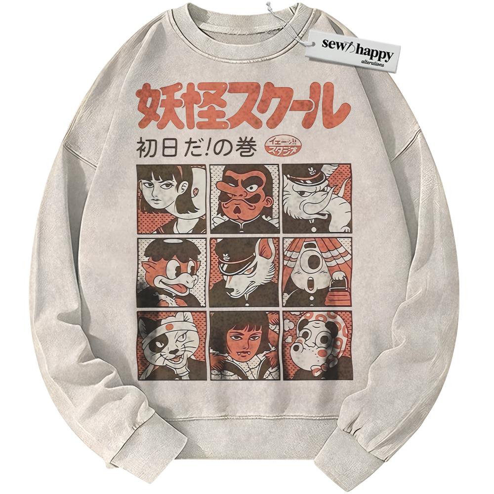 Wash Sweatshirt Yokai School Sweatshirt, Japanese Streetwear Sweatshirt, Vintage Sweater Wash Sweatshirt Yokai School Sweatshirt, Japanese Streetwear Sweatshirt, Vintage Sweater - Image 1