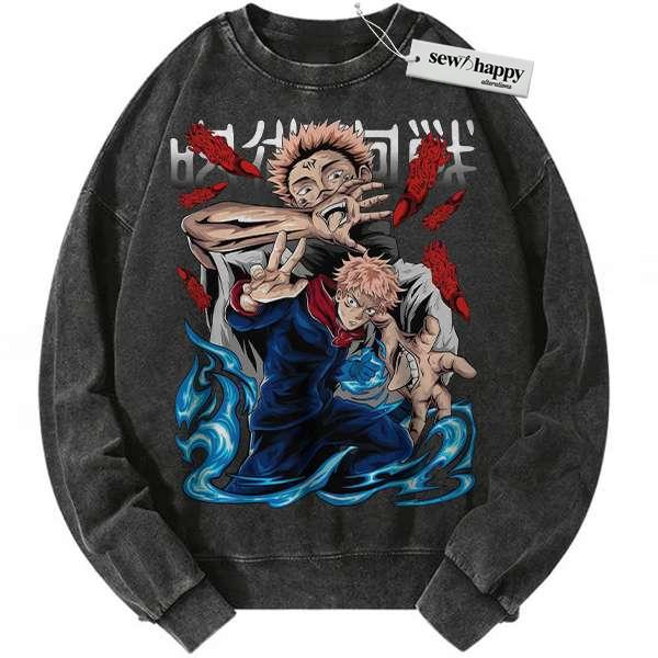 Wash Sweatshirt Yuji Itadori vs Sukuna Sweatshirt, Jujutsu Kaisen Sweatshirt, Anime Sweatshirt, Vintage Sweatshirt