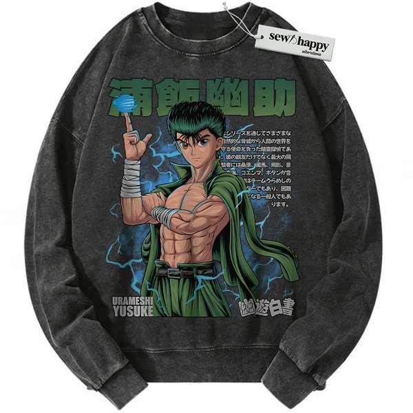 Wash Sweatshirt Yusuke Urameshi Sweatshirt, YuYu Hakusho Sweatshirt, Anime Shirt, Vintage Sweatshirt