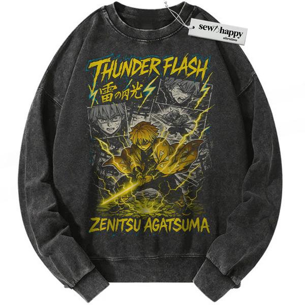 Wash Sweatshirt Zenitsu Agatsuma Sweatshirt, Demon Slayer Sweatshirt, Anime Sweatshirt, Vintage Sweatshirt